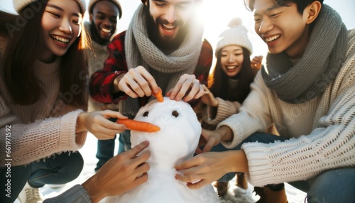 Close-up photo of a diverse group of individuals working together to construct a snowman.