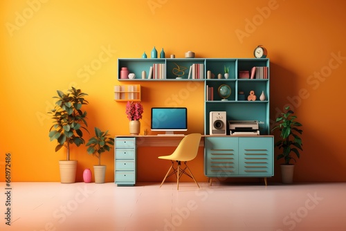 Home office interior with bookshelf and computer. Office cubicle or home office, a cute workspace in bright colors for Labour day or Learning at Work Week International Fun at Work Day 
