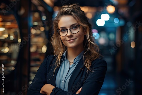 Piękna uśmiechnięta dziewczyna w okularach stojąca przed biurem z założonymi rękoma 