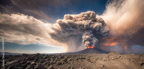 Dramatic spectacle of a volcano in full eruption. The volcano, with a red glow at its peak hinting at the presence of lava. A large ash cloud billows upwards dominating the sky. 