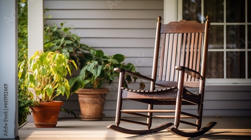 A traditional wooden rocking chair on a classic front porch.