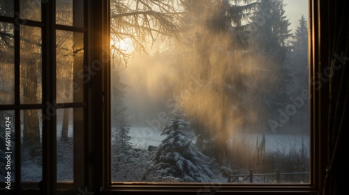 A triple-glazed window fogged up during a winter morning.