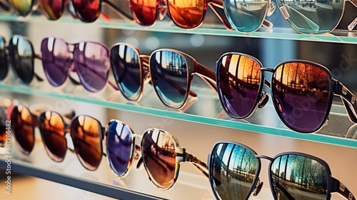 An array of various styles of sunglasses on a glass shelf.