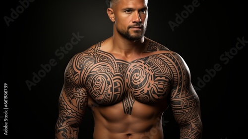  Polynesian style tattoo on a man's muscular and athletic body. Patterns and designs on the body, skin painting.