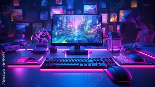 Composite of computer, keyboard with video game accessories and copy space on neon background
