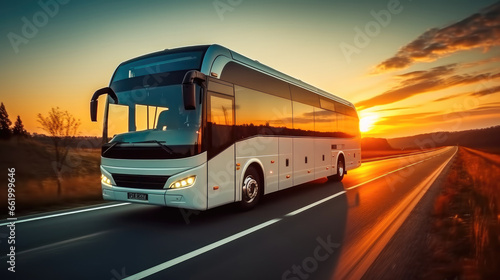 Tourist bus driving on highway.