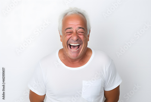 Portrait of a happy laughing elderly man on a white background