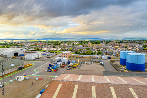 High angle view of the town, countryside and hills from the Scottish Trust Cruise Port of Cromarty Firth in Invergordon, Scotland.