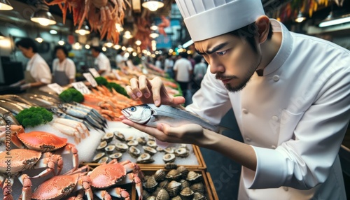 Close-up photo of a chef with a white hat meticulously inspecting a fresh fish in his hands, checking its eyes and scales.
