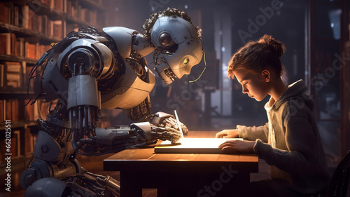 An artificial intelligence robot helps a teenager with homework, they read books together.