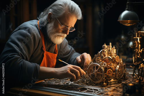 A diligent watchmaker assembling intricate timepieces with meticulous care. Concept of precision and fine craftsmanship. Generative Ai.