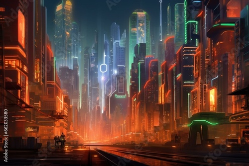 Futuristic cityscape illuminated by vibrant orange and green neon lights. Nighttime scene with advanced buildings. Generative AI