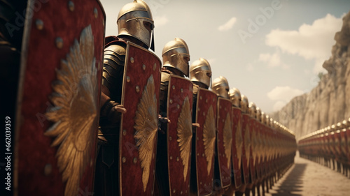 a wall of ancient roman soldiers marching to battle in the testudo formation