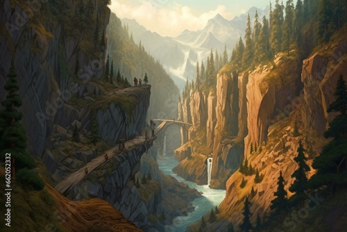 Artwork depicting a ravine, waterway, precipice, and cascades. Generative AI