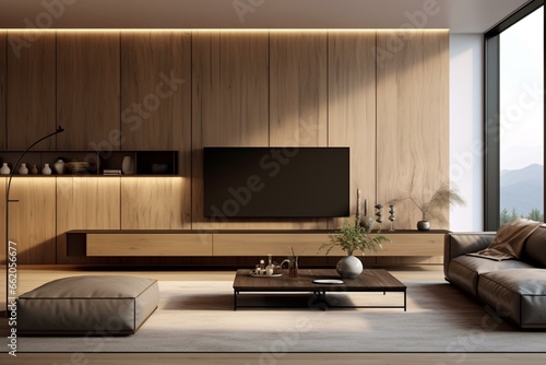 A modern room with a wooden wall hiding a TV cabinet. Generative AI