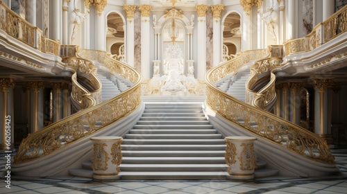 Grand marble staircase with golden railings.