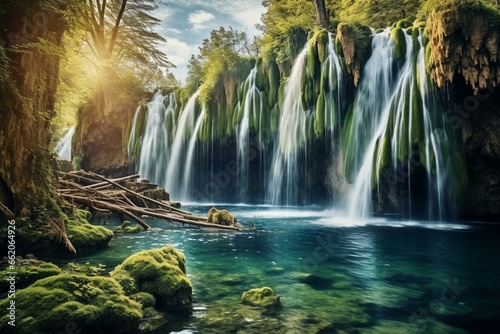 Scenic waterfall at Plitvice Lakes, Croatia. Generative AI