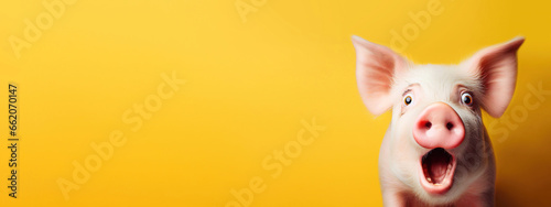 pig looking surprised, reacting amazed, impressed, standing over yellow background