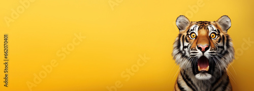 Tiger looking surprised, reacting amazed, impressed, standing over yellow background