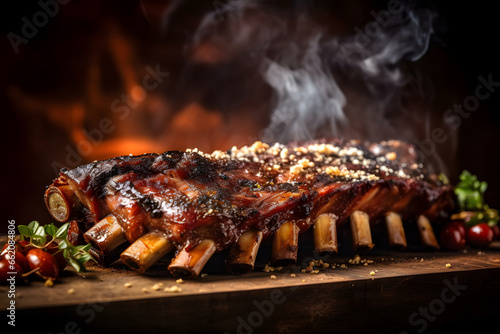 delicious ribs pork bbq with smoke, Barbecue grilled pork ribs served on wooden board. Traditional American cuisine dish