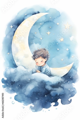 boy sitting crescent cloud moon sleeping cute illustration sandman clicks eyelids blue lane brown moonshine