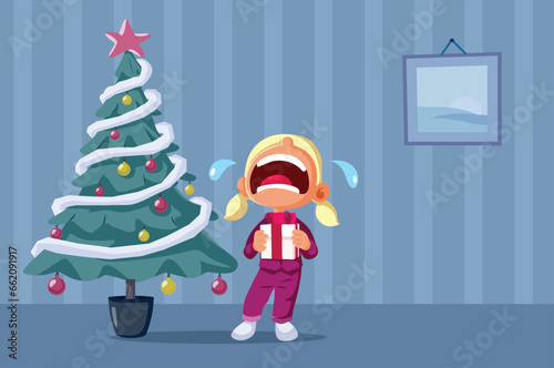 Spoiled Brat Ungrateful for her Christmas Gift Vector Cartoon Illustration. Disappointed entitled little child complaining about her Xmas present 