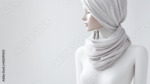 A mysterious and artistic image of a mannequin with a white scarf The image creates a contrast between the human-like shape and the abstract elements.