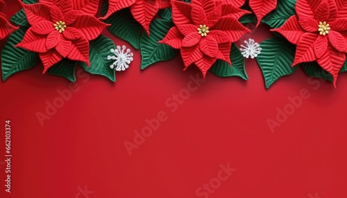 top view knitted christmas poinsettia leaves frame background