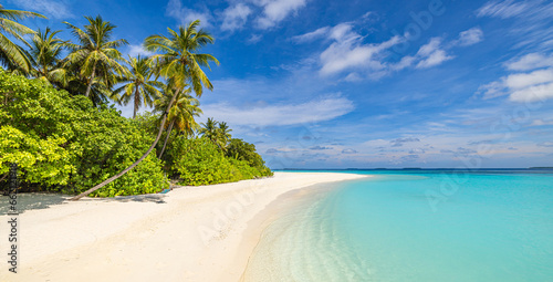 Fantastic sunny panorama at Maldives. Luxury resort seascape. Majestic sea waves coconut palm trees sand sunshine sky. Beauty paradise beach popular destination. Best summer vacation travel background