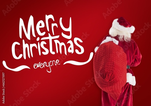 Composite of merry christmas everyone text and santa claus with red sack