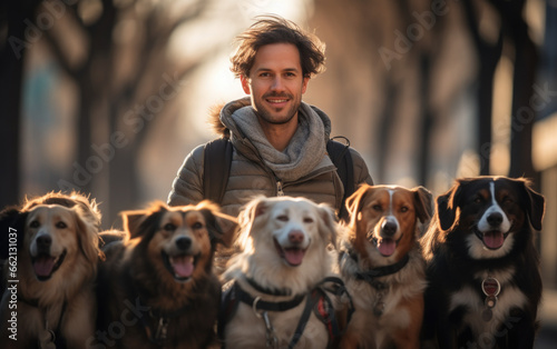 man with dog ,dog walker with group of puppy cute dogs enjoying in walk in the city, ,artwork graphic design illustration.
