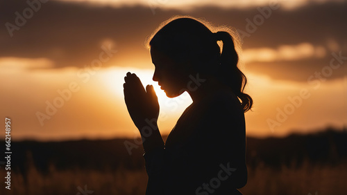 Silhouette of a praying girl with folded palms at sunset