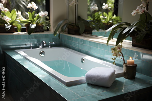 A bathroom with soft ocean blues, flora decor, and natural stone surfaces. Soft natural light gives a refreshing feel.