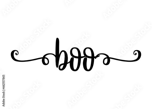 Logo con palabra en texto manuscrito boo con raya de decoración de caligrafía para su uso en invitaciones y tarjetas de Halloween