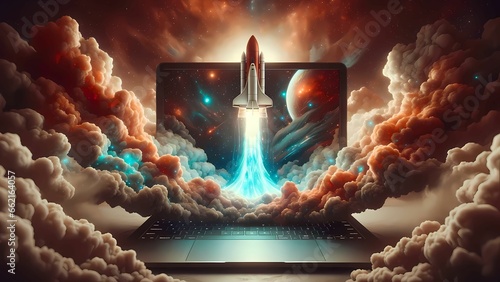 From the confines of a laptop, a space shuttle materializes within the nebulous expanse of the cosmic clouds