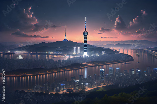A night view of Seoul with the Han River, Namsan Tower, 63 Building, and LG Twin Towers.