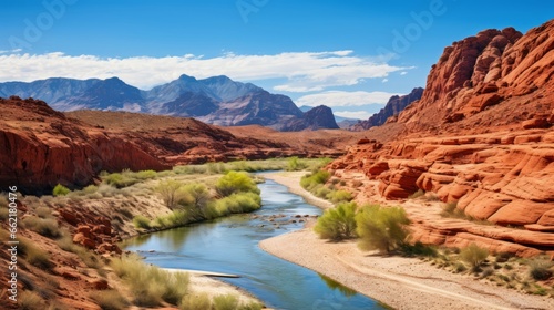 A rugged, red rock canyon with a winding river