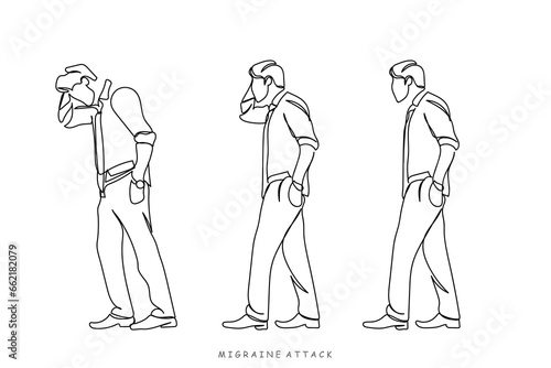 Frustrated and confused entrepreneur. Sad person. Difficult decisions and hopeless circumstances. Strong minded young man struggling with ideas and opportunities. Continuous line art vector graphic.