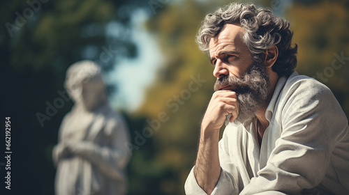 A philosopher's thoughtful expression, philosophy, blurred background