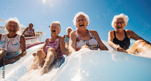 Active aging. Energetic group of senior women having fun in the pool