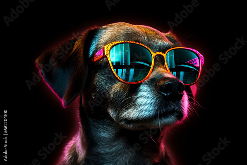 cute dog wearing glasses combination of neon lights, black background, 3d rendering, AI generative 