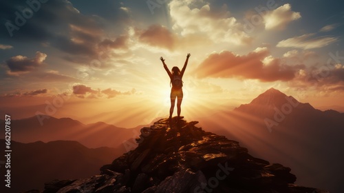 Silhouette of a woman raising her hands up against the sky on the top of mountain with a morning sky and sunrise and enjoys the moment of success.