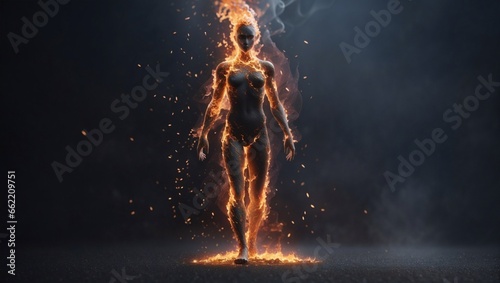 Fiery Power: Silhouette of a Human Body Formed by Fire Particles, Symbolizing Strength and the Mighty Element