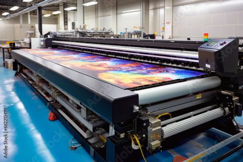 Large wide digital printer machine during production in background of modern print shop. Printing concept of photos and advertisements.