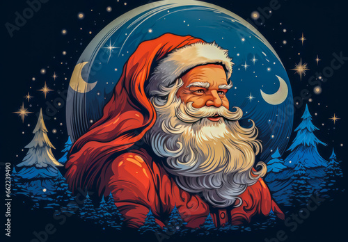 a circular logo composition with santa claus, pine trees, moon, night, with stars, illustration