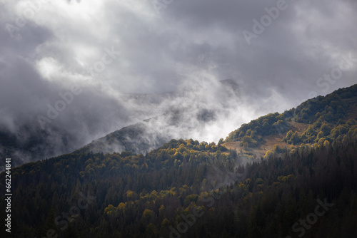 Clouds and fog over a mountain range of forest hills. Dramatic rainy weather. Carpathian mountains.