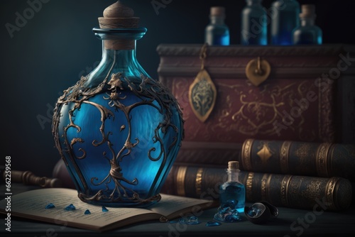 Glass bottle with blue liquid. Magical alchemy potion