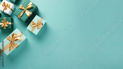  a group of wrapped gift boxes with gold bows on a blue background. generative ai