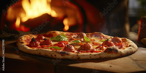Fresh baked pizza closeup, traditional wood fired oven