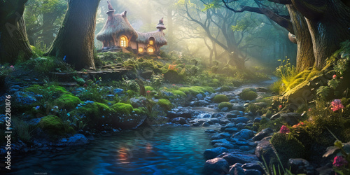 A small fairy tale house in dark fantasy forest, miniature woodland cottage made by gnomes and trolls